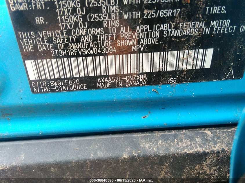 VIN 2T3H1RFV9KW043094 2019 TOYOTA RAV4 LE