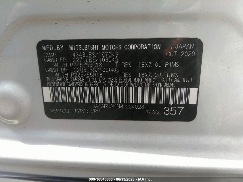 2021 MITSUBISHI OUTLANDER SPORT ES/SE/LE/BE - JA4ARUAU2MU004028