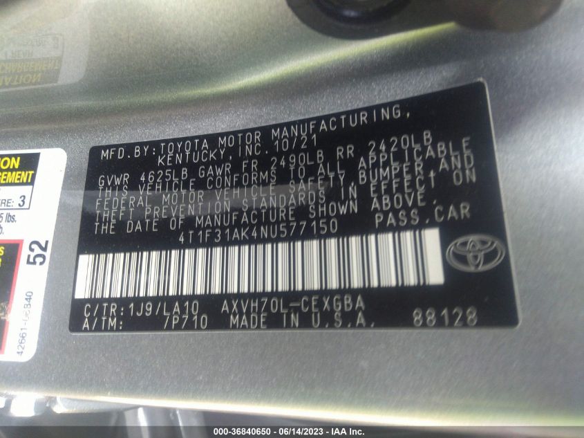 2022 TOYOTA CAMRY XLE - 4T1F31AK4NU577150