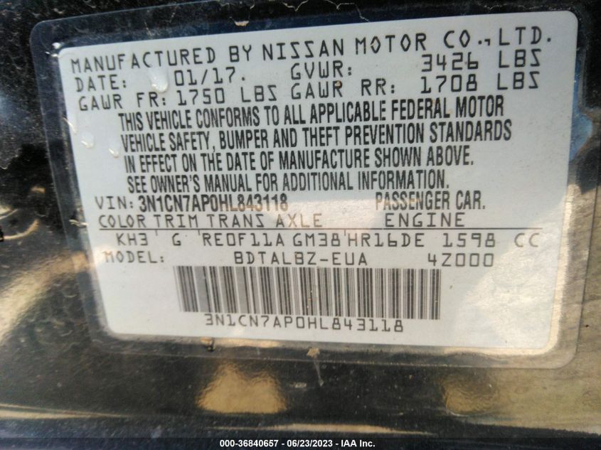 2017 NISSAN VERSA 1.6 SV - 3N1CN7AP0HL843118