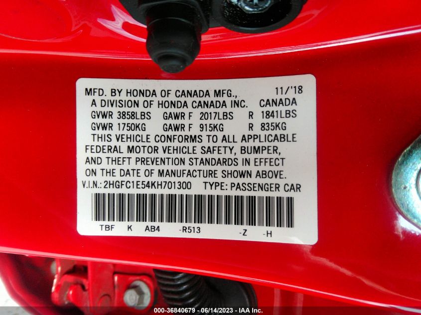 2019 HONDA CIVIC SI SEDAN - 2HGFC1E54KH701300