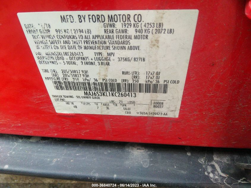2019 FORD ECOSPORT TITANIUM - MAJ6S3KL1KC260413