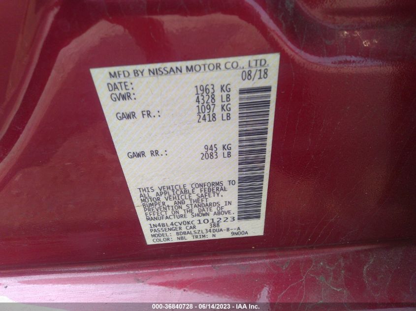 2019 NISSAN ALTIMA SR - 1N4BL4CV0KC101223