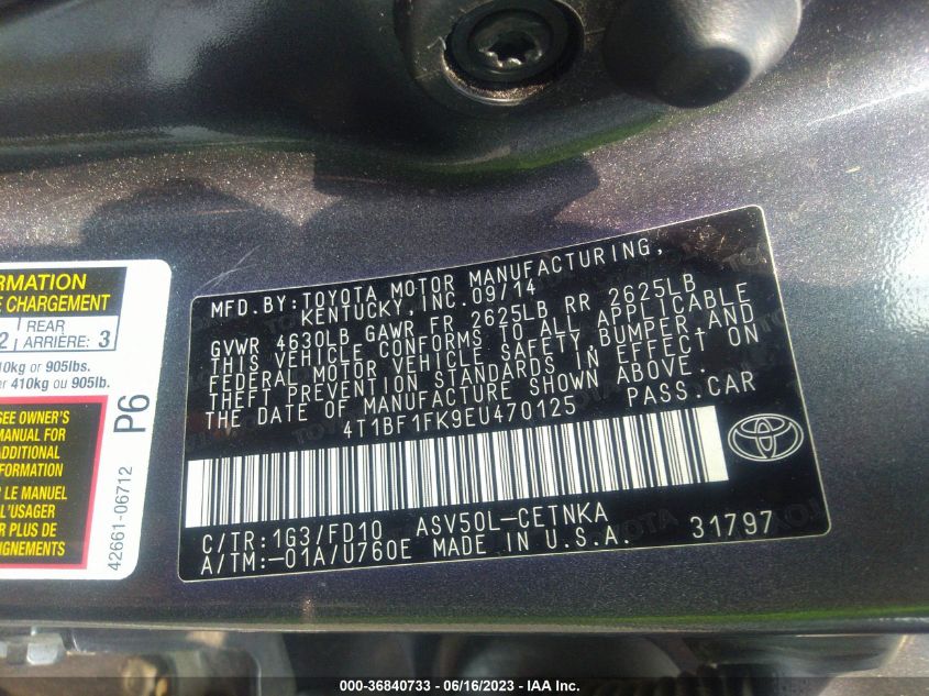 2014 TOYOTA CAMRY L/LE/XLE/SE/SE SPORT - 4T1BF1FK9EU470125