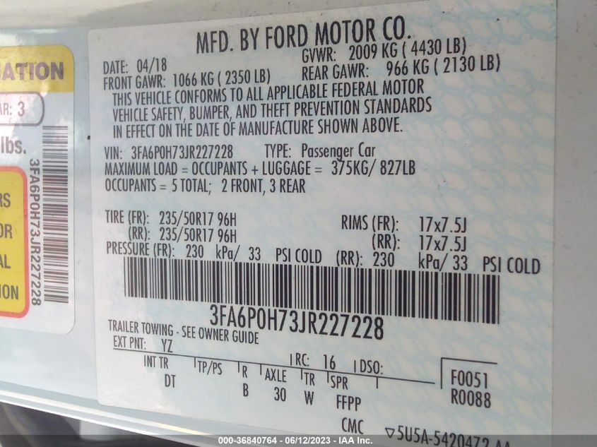 2018 FORD FUSION SE - 3FA6P0H73JR227228