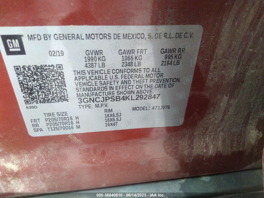 2019 CHEVROLET TRAX 1LT - 3GNCJPSB4KL292847