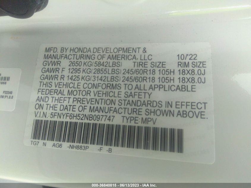 2022 HONDA PILOT EX-L - 5FNYF6H52NB097747