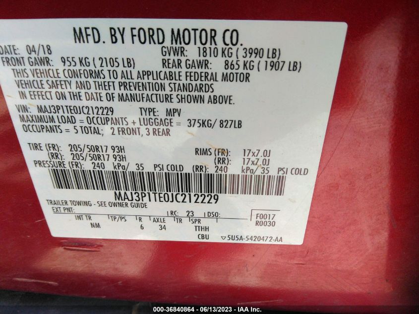 2018 FORD ECOSPORT SE - MAJ3P1TE0JC212229