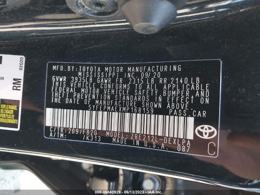 2021 TOYOTA COROLLA LE - 5YFEPMAEXMP168159