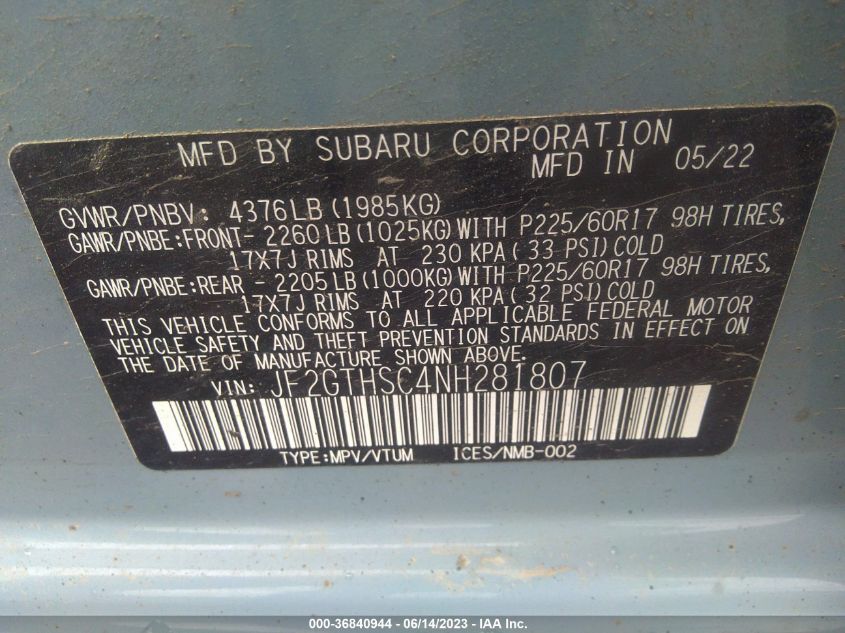 2022 SUBARU CROSSTREK SPORT - JF2GTHSC4NH281807
