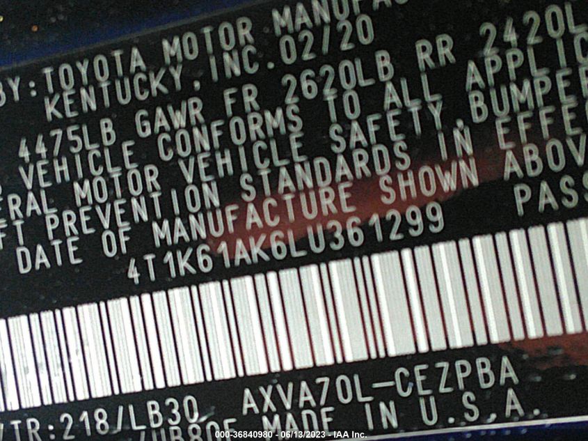 2020 TOYOTA CAMRY XSE - 4T1K61AK6LU361299