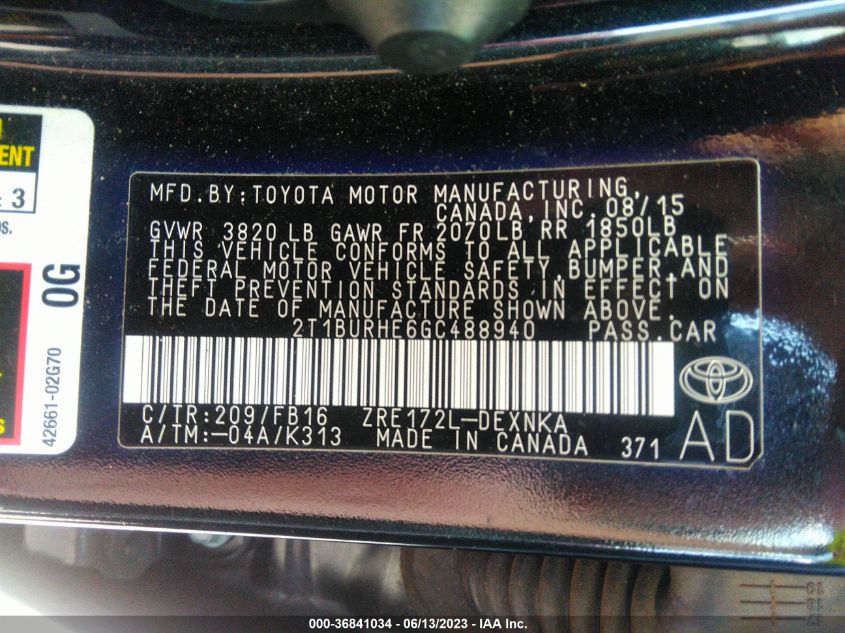 2016 TOYOTA COROLLA L/LE/S/S PLUS/LE PLUS - 2T1BURHE6GC488940