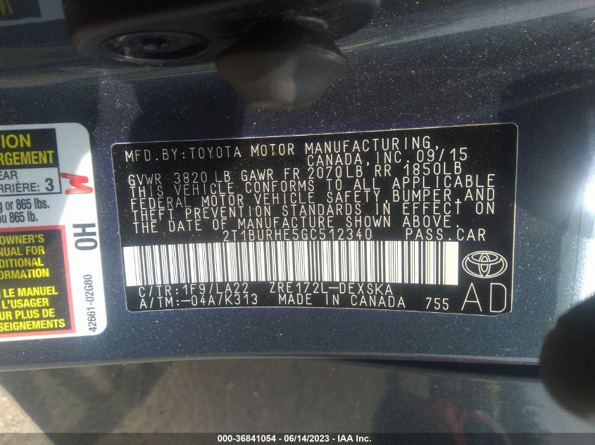2016 TOYOTA COROLLA L/LE/LE PLS/PRM/S/S PLS - 2T1BURHE5GC512340