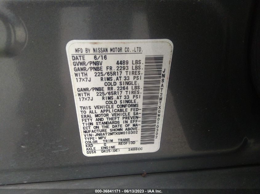 2016 NISSAN ROGUE SV - JN8AT2MTXGW010302