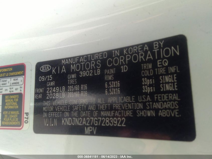 2016 KIA SOUL BASE - KNDJN2A27G7283922