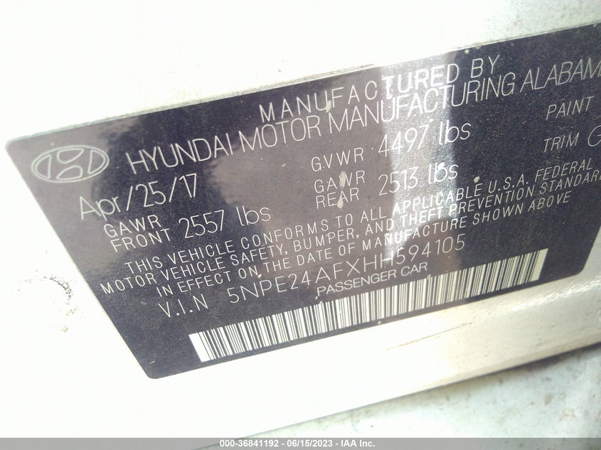 VIN 5NPE24AFXHH594105 2017 HYUNDAI SONATA 2.4L
