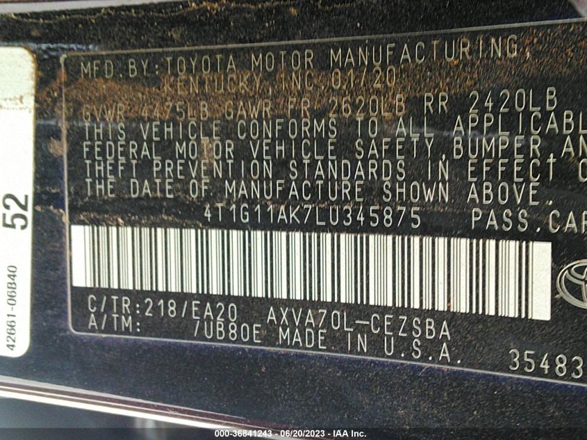 2020 TOYOTA CAMRY SE - 4T1G11AK7LU345875