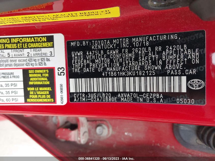 2019 TOYOTA CAMRY XSE - 4T1B61HK3KU182125