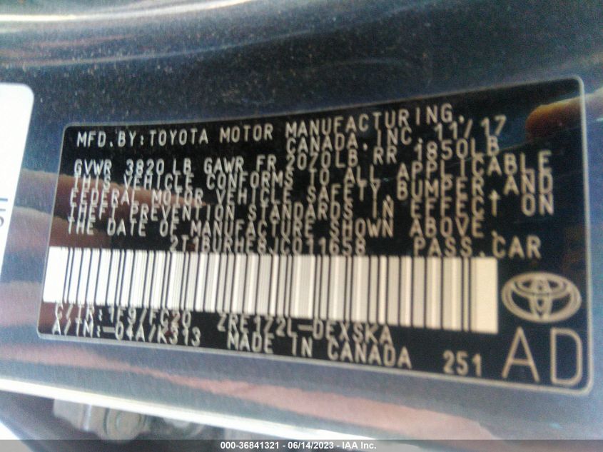 2018 TOYOTA COROLLA L/LE/XLE/SE/XSE - 2T1BURHE8JC011658