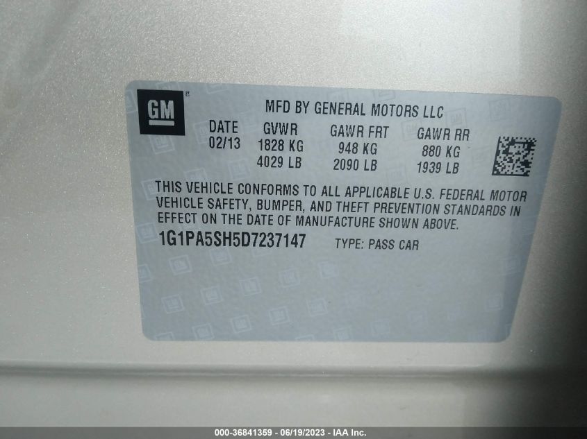 2013 CHEVROLET CRUZE LS - 1G1PA5SH5D7237147