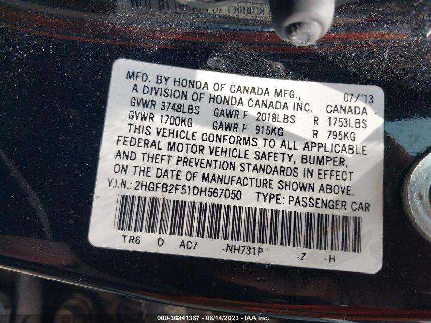 2013 HONDA CIVIC SDN LX - 2HGFB2F51DH567050