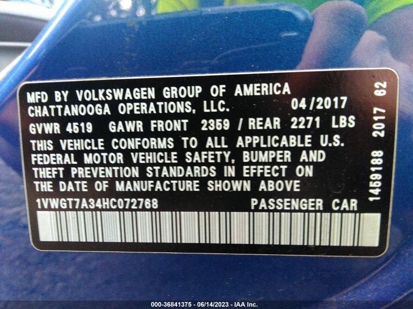 2017 VOLKSWAGEN PASSAT 1.8T SE W/TECHNOLOGY - 1VWGT7A34HC072768