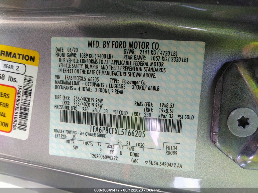 2020 FORD MUSTANG GT - 1FA6P8CFXL5166205