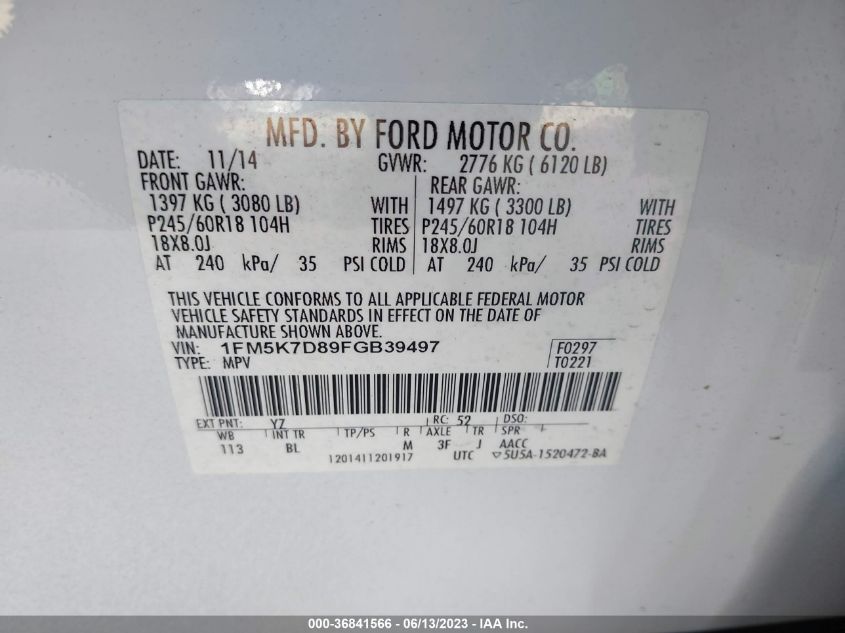 2015 FORD EXPLORER XLT - 1FM5K7D89FGB39497