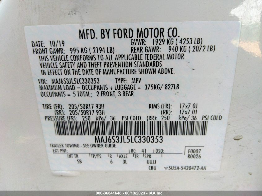 2020 FORD ECOSPORT SES - MAJ6S3JL5LC330353
