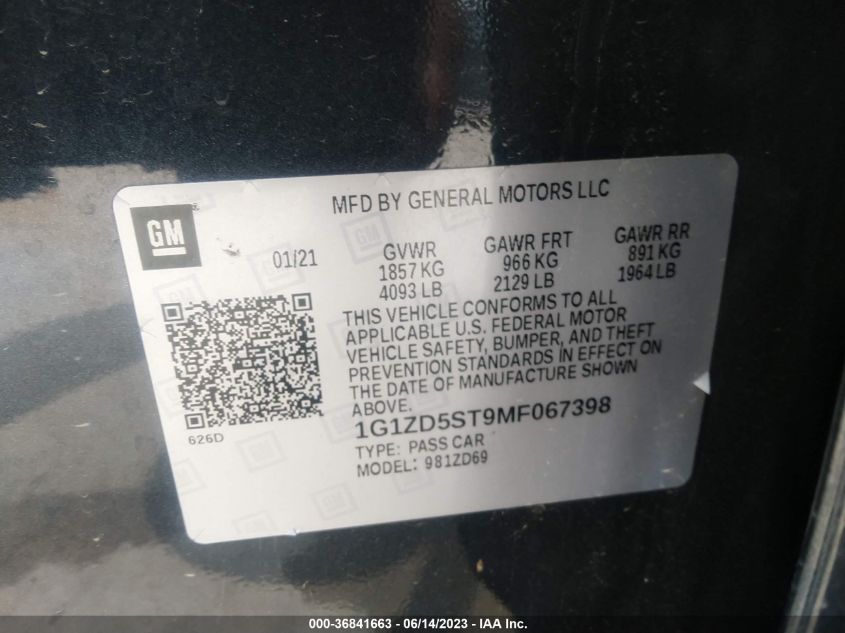 2021 CHEVROLET MALIBU LT - 1G1ZD5ST9MF067398
