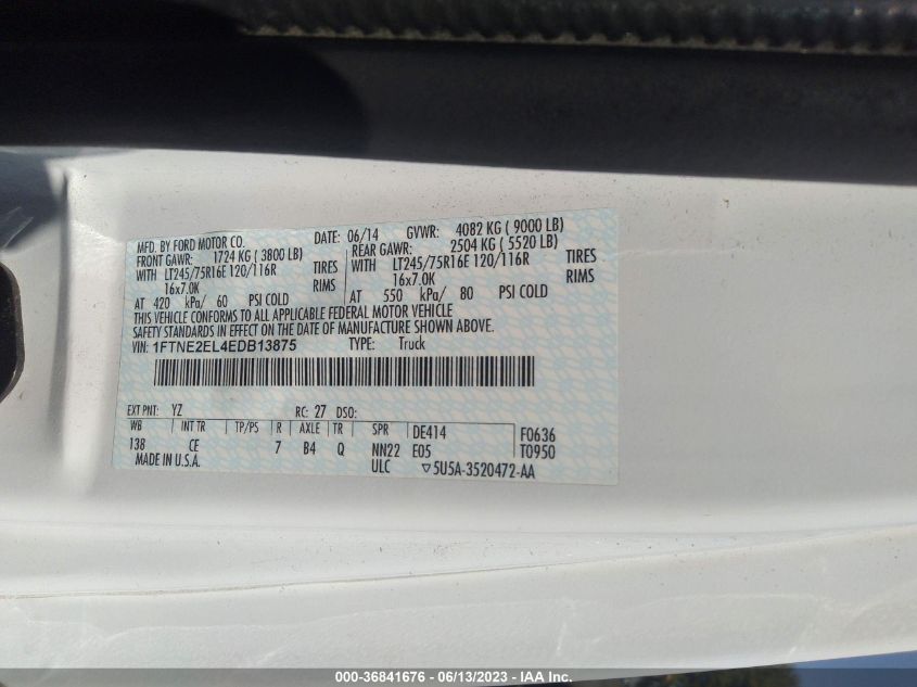 2014 FORD ECONOLINE CARGO VAN COMMERCIAL/RECREATIONAL 1FTNE2EL4EDB13875