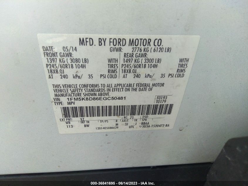 2014 FORD EXPLORER XLT - 1FM5K8D86EGC50481