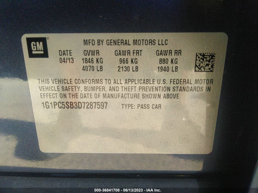 2013 CHEVROLET CRUZE 1LT - 1G1PC5SB3D7287597