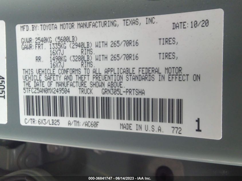 2021 TOYOTA TACOMA 4WD SR/SR5/TRD SPORT - 5TFCZ5AN0MX249504