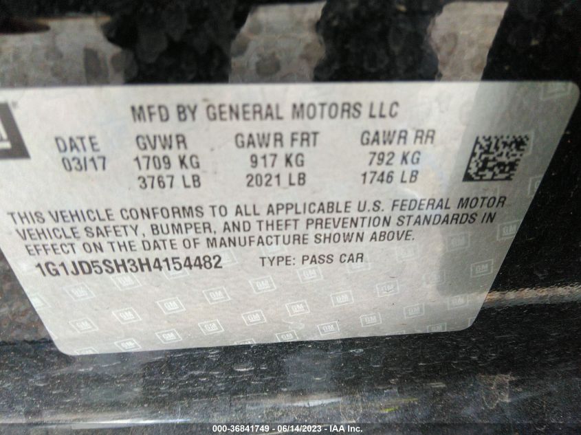2017 CHEVROLET SONIC LT - 1G1JD5SH3H4154482