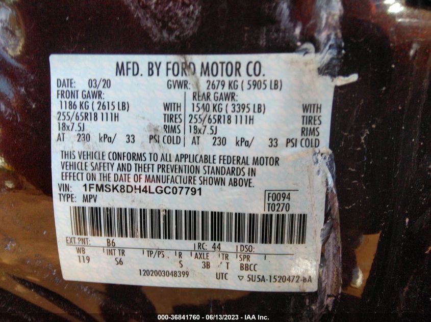 2020 FORD EXPLORER XLT - 1FMSK8DH4LGC07791