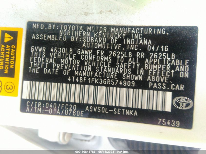 2016 TOYOTA CAMRY XLE/SE/LE/XSE - 4T4BF1FK3GR574909