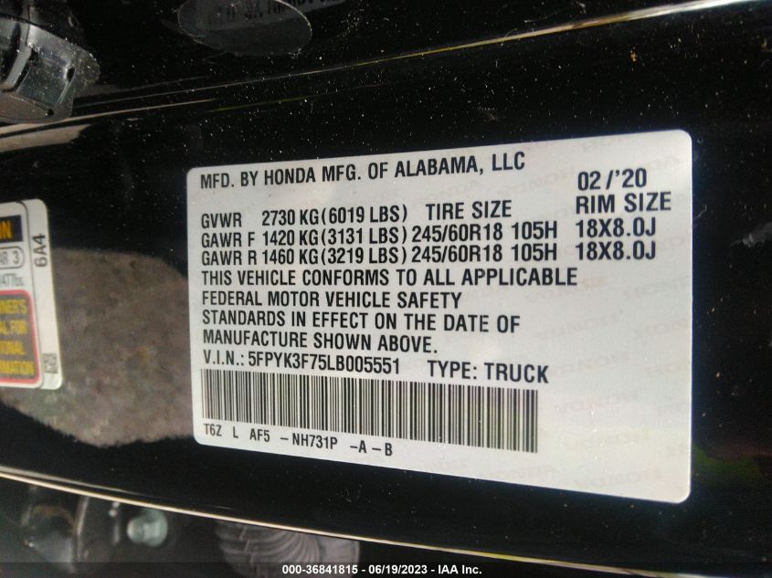 2020 HONDA RIDGELINE RTL-E - 5FPYK3F75LB005551