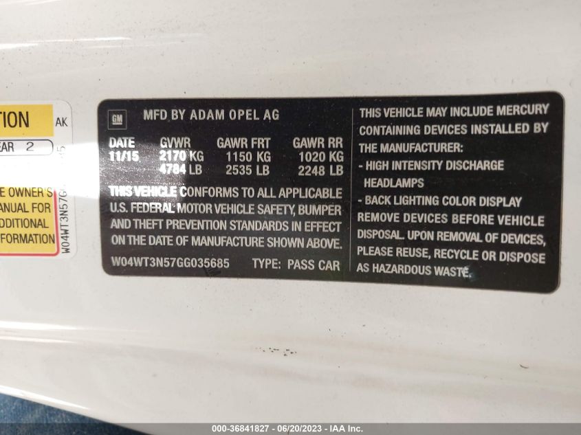 2016 BUICK CASCADA PREMIUM W04WT3N57GG035685