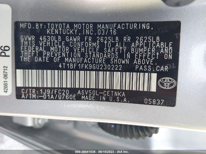 2016 TOYOTA CAMRY XLE/SE/LE/XSE - 4T1BF1FK9GU230222