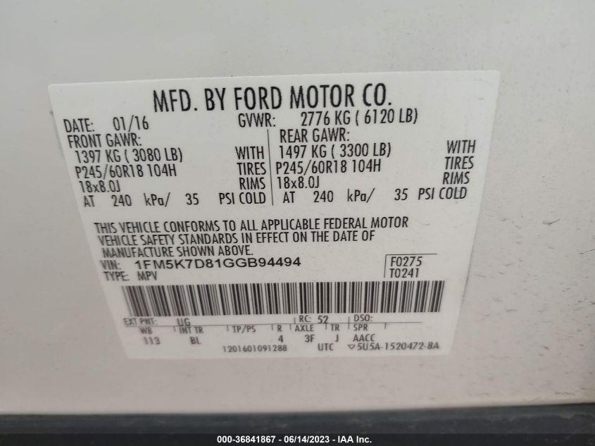 2016 FORD EXPLORER XLT - 1FM5K7D81GGB94494