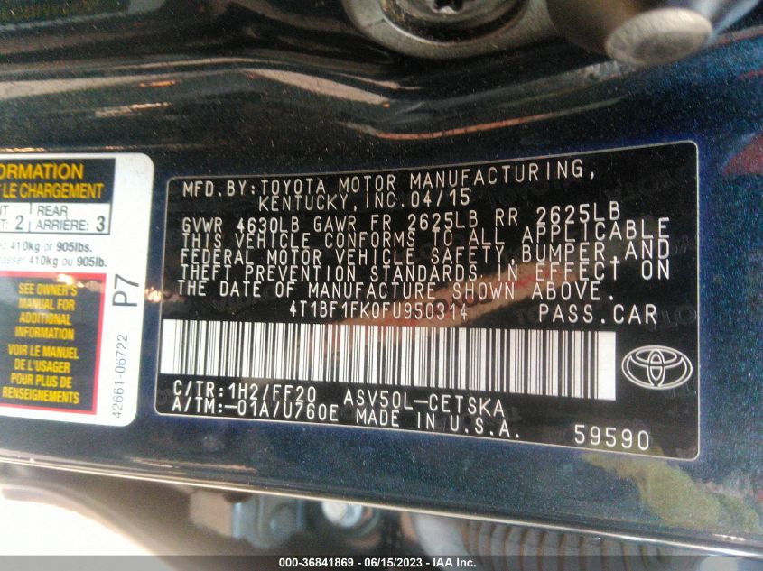 2015 TOYOTA CAMRY XLE/SE/LE/XSE - 4T1BF1FK0FU950314