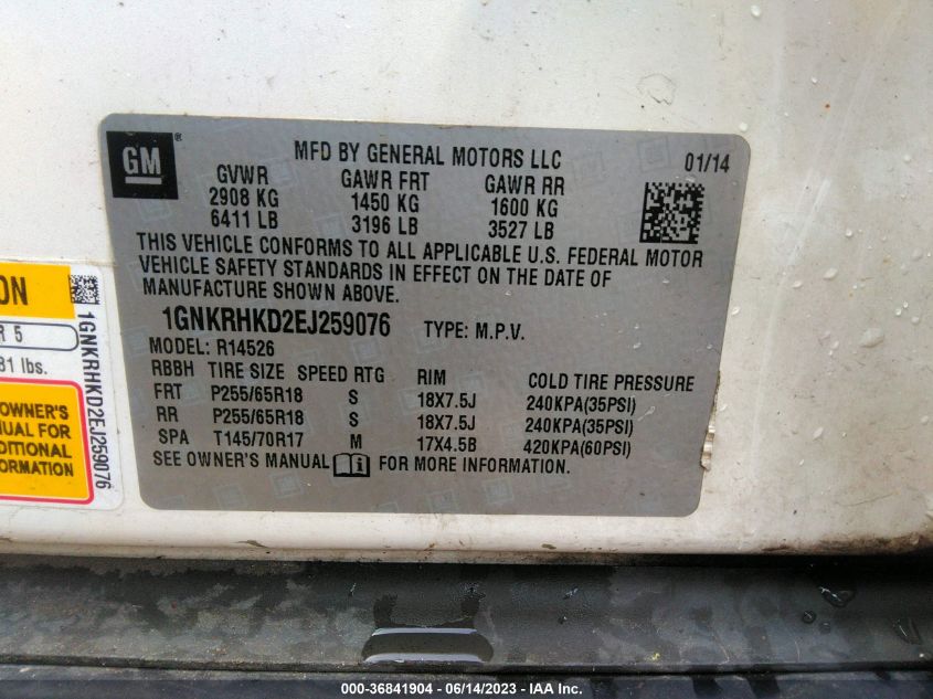 2014 CHEVROLET TRAVERSE LT - 1GNKRHKD2EJ259076