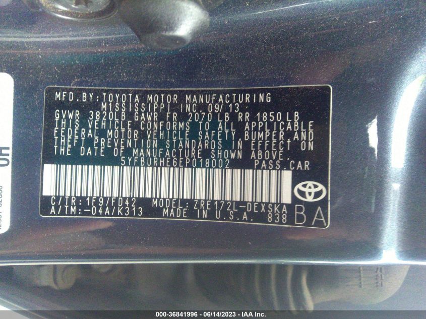 2014 TOYOTA COROLLA L/LE/LE PLS/PRM/S/S PLS - 5YFBURHE6EP018002