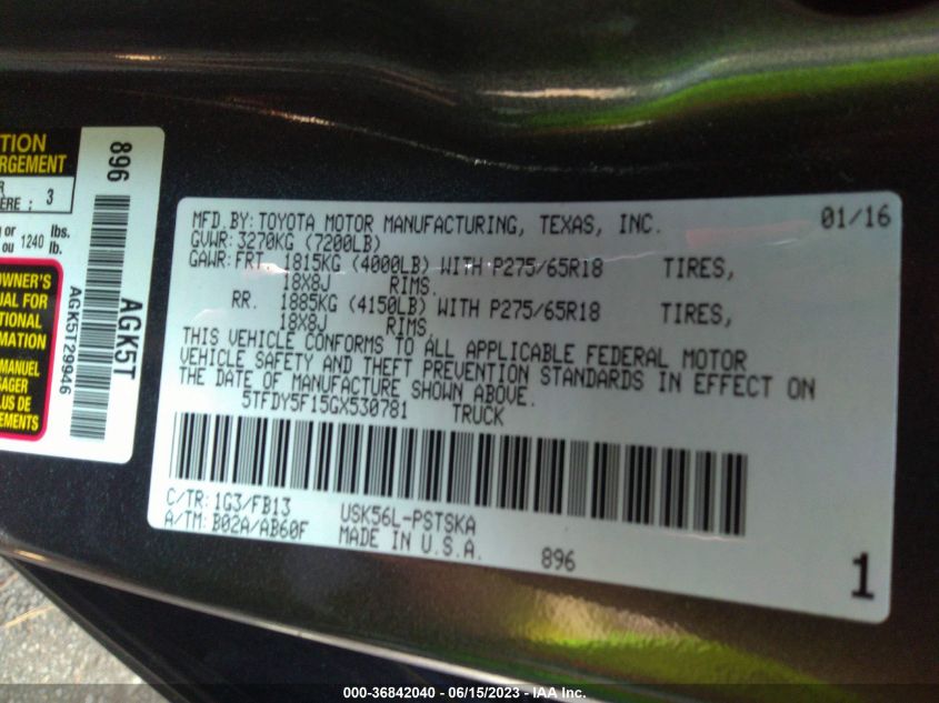 2016 TOYOTA TUNDRA 4WD TRUCK SR5/TRD PRO - 5TFDY5F15GX530781