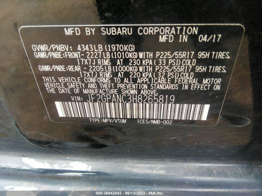2017 SUBARU CROSSTREK LIMITED - JF2GPANC3H8265819