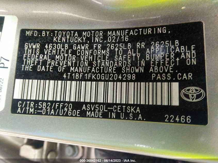 2016 TOYOTA CAMRY LE/XLE/SE/XSE - 4T1BF1FK0GU204298