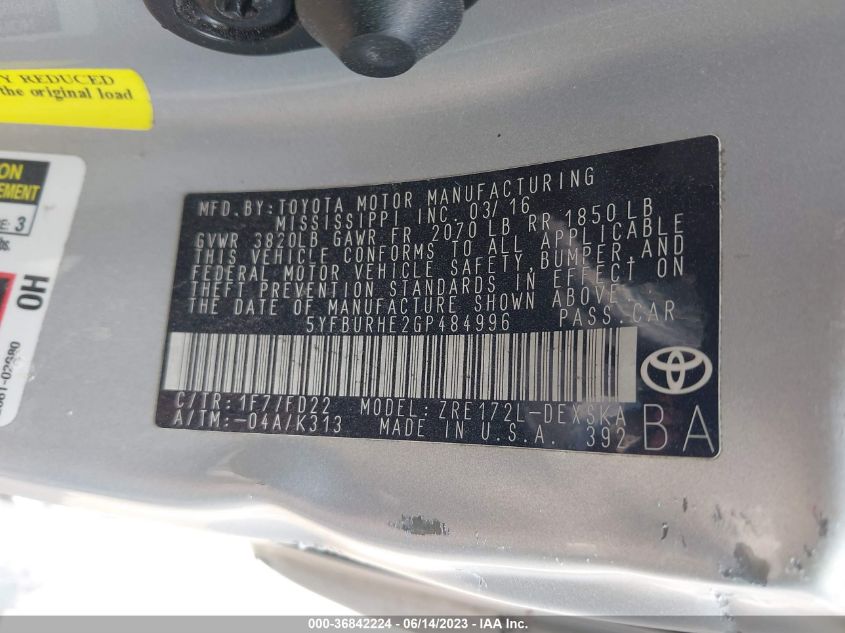 2016 TOYOTA COROLLA L/LE/S/S PLUS/LE PLUS - 5YFBURHE2GP484996