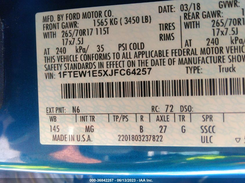 2018 FORD F-150 XL/XLT/LARIAT - 1FTEW1E5XJFC64257