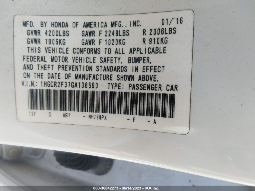 2016 HONDA ACCORD SEDAN LX - 1HGCR2F37GA106550